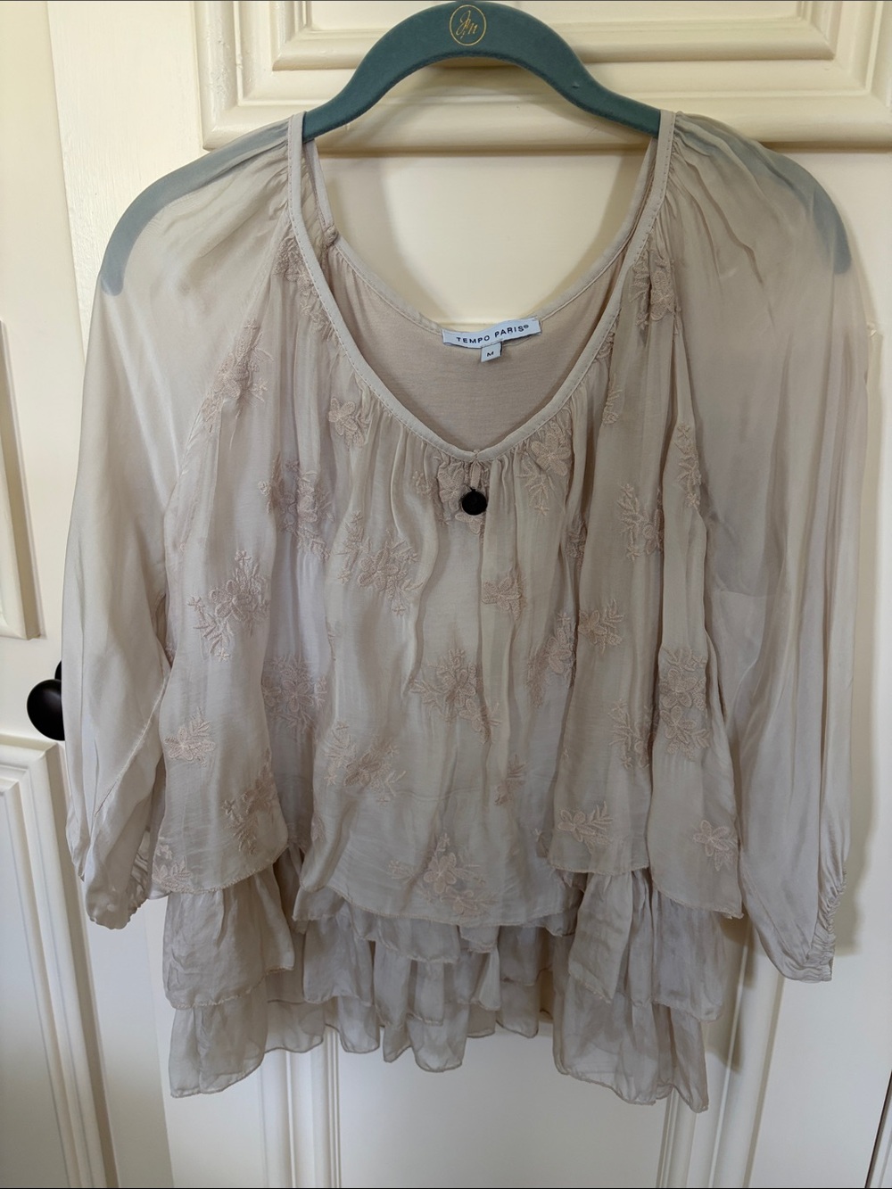Tempo Paris Beige Taupe Layered Embroidered Chiffon Tunic